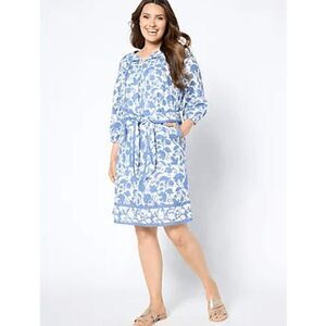 Studio Park x Amy Stran Large Tall Print Dress Removable Belt Blue Tassels NWOT)